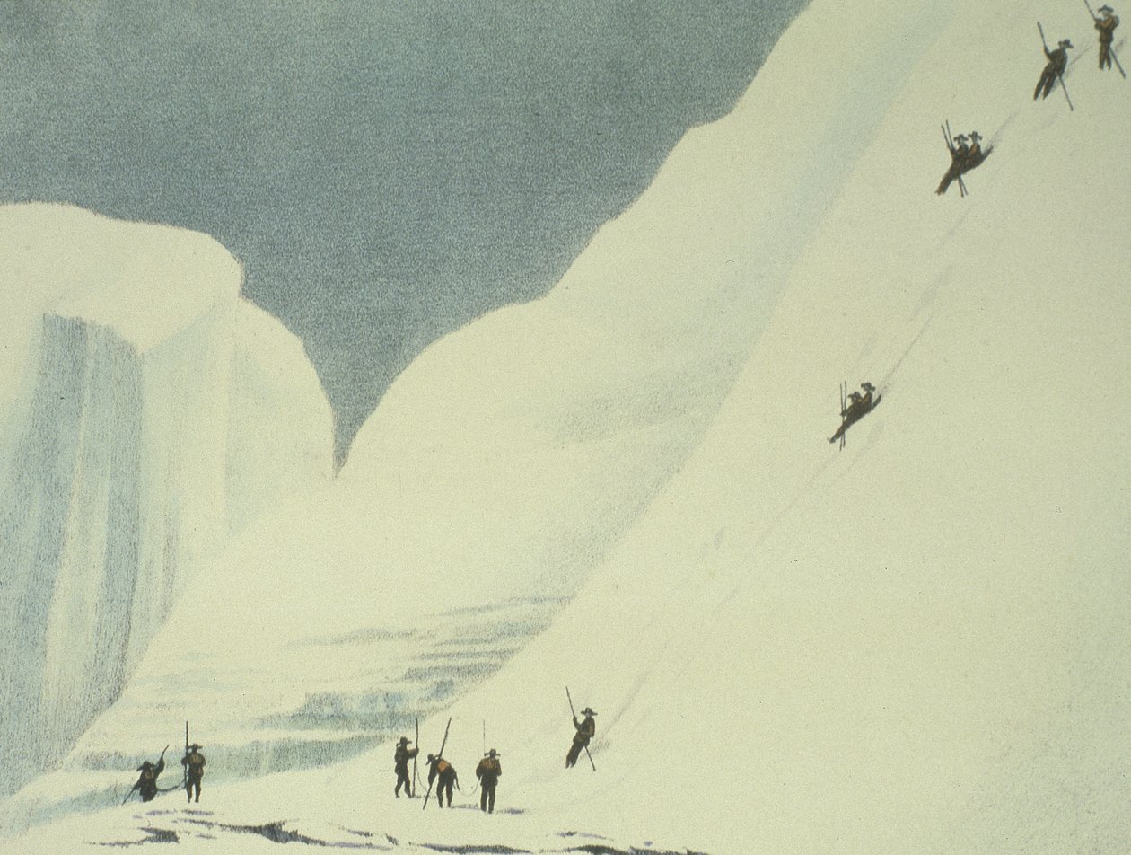 Descending the Strmé Snows, from A Narrative of a Ascent to Summit of Mont Blanc od Charles Fellows (1799-1860), vydáno 1827 od English School