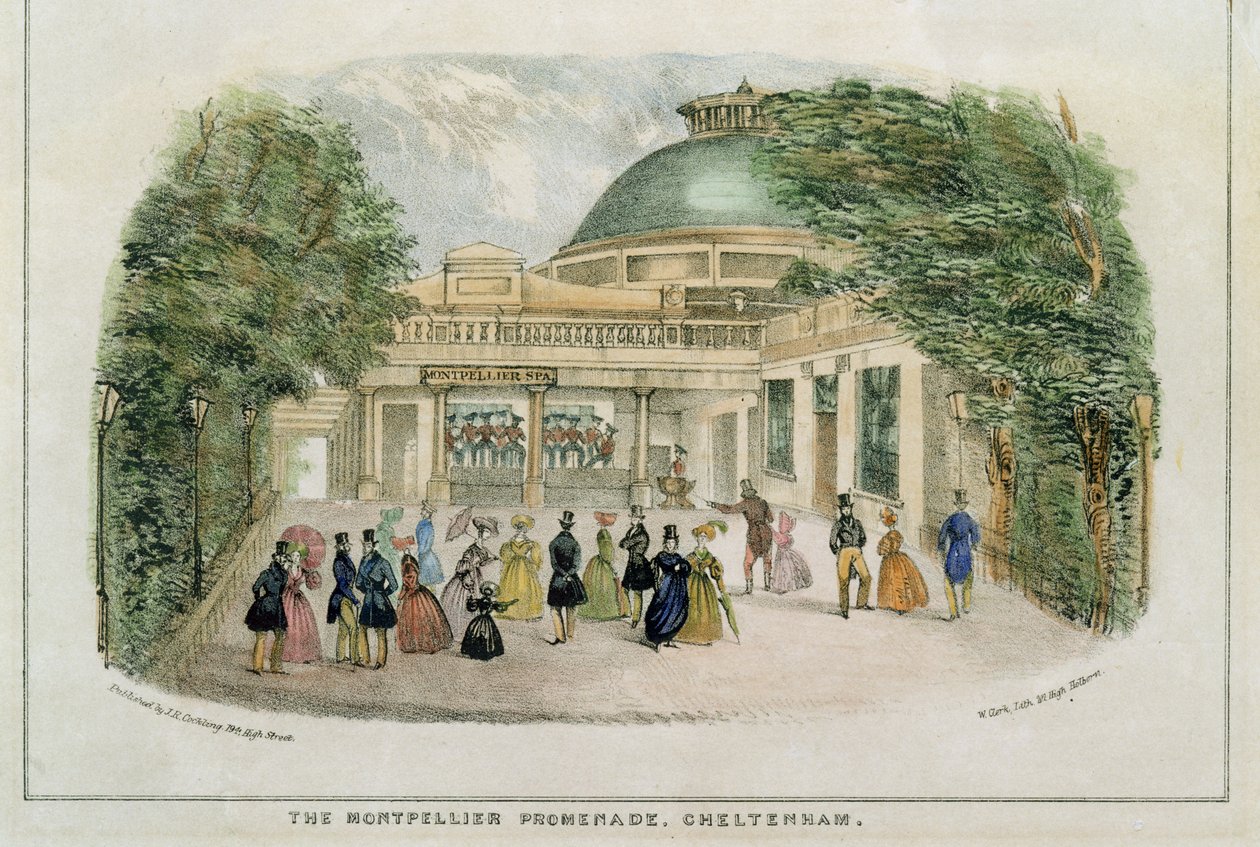 Montpellier Promenade, Cheltenham, vyryto W. Clarkem, kolem roku 1835 od English School