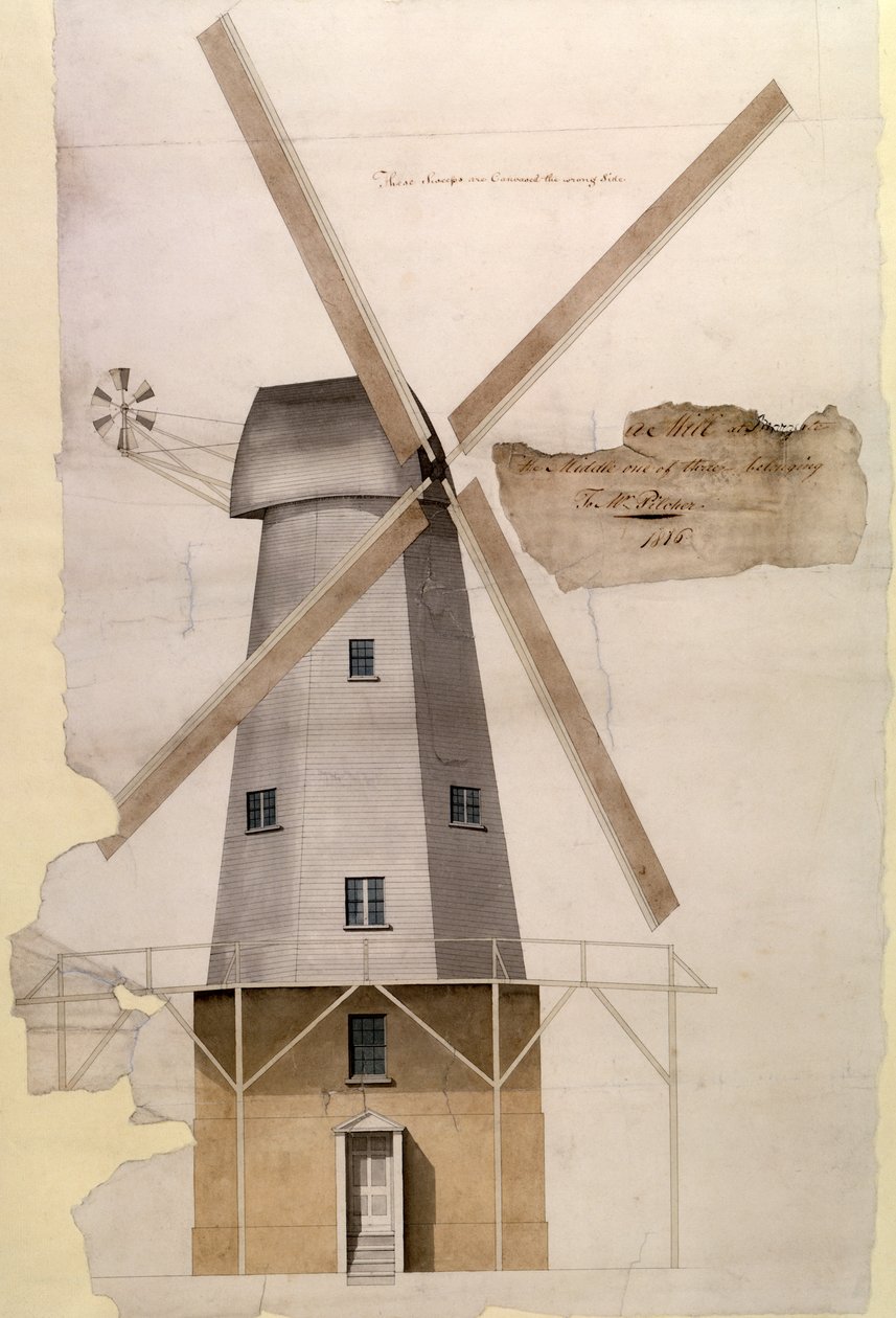 Mr Pilchers Windmill at Margate, Kent, 1816 (pero a inkoust, tužka a mytí na papíře) od English School