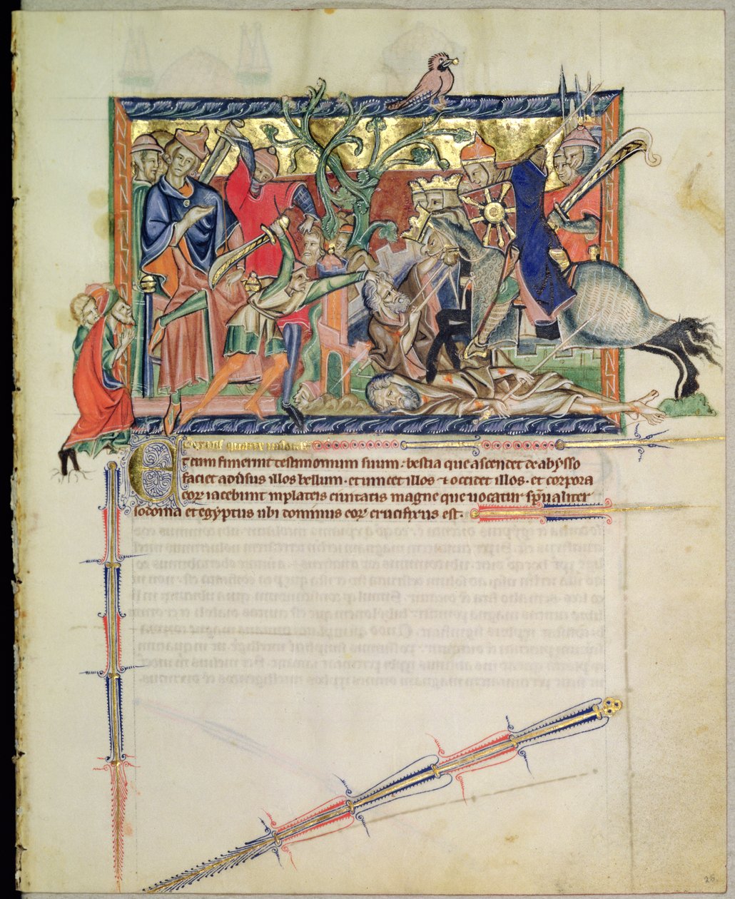 Paní L.A. 139-Lisboa fol.26 Exterminans sledující, jak jezdci šlapou dva svědky, z Gulbenkian Apocalypse, c.1265-70 od English School