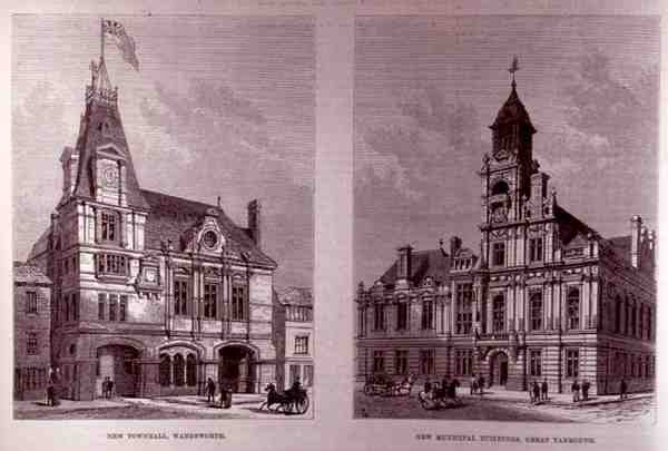 New Town Hall, Wandsworth and the New Municipal Buildings, Great Yarmouth, z The Illustrated London News, 21. ledna 1882 od English School