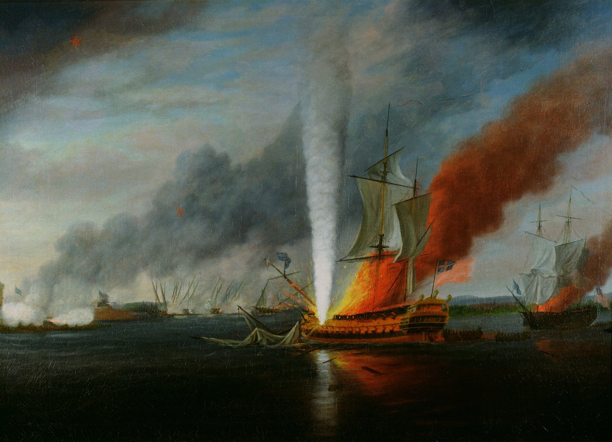 Spálení H.M.S. Augusta v roce 1777 od English School