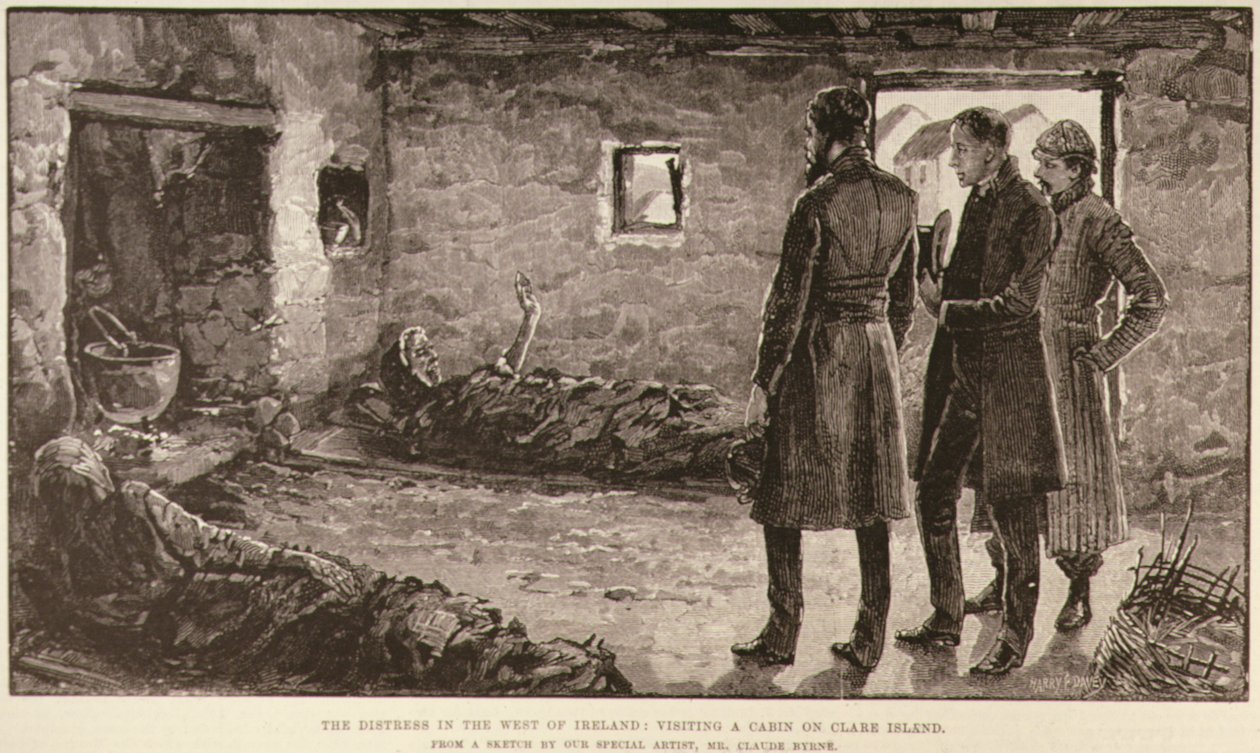 The Distress in the West of Ireland: Visiting a Cabin on Clare Island, z The Illustrated London News, 4. října 1886 od English School
