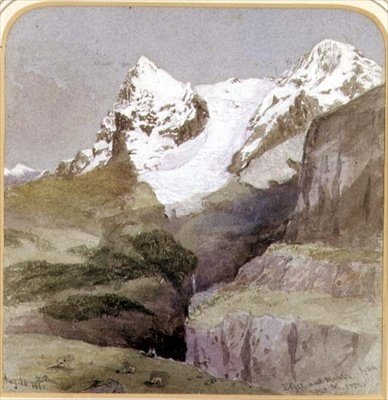 Eiger a Monch z blízkosti Murronu, 20. srpna 1860 (wc na papíře) od English School