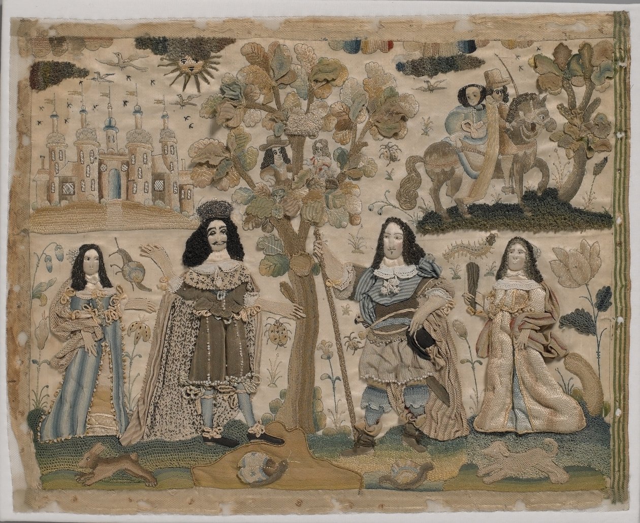 Obnova krále Karla II., kolem roku 1665 (hedvábné vyšívání) od English School