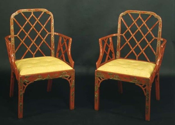 Dvě čínská křesla Chippendale, cca 1760 (červený lak) od English School
