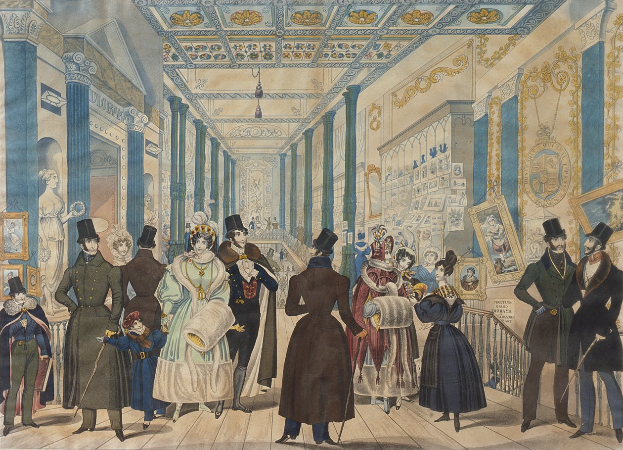 Pohled na Queens Bazaar, Londýn – Zimní móda od listopadu 1833 do dubna 1834, vydal B.Read & Co., 1833 (akvatinta na papíře) od English School