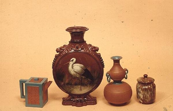 Watcombe pottery poutnická láhev, sklenice a víčko, cca 1875 (keramika) od English School