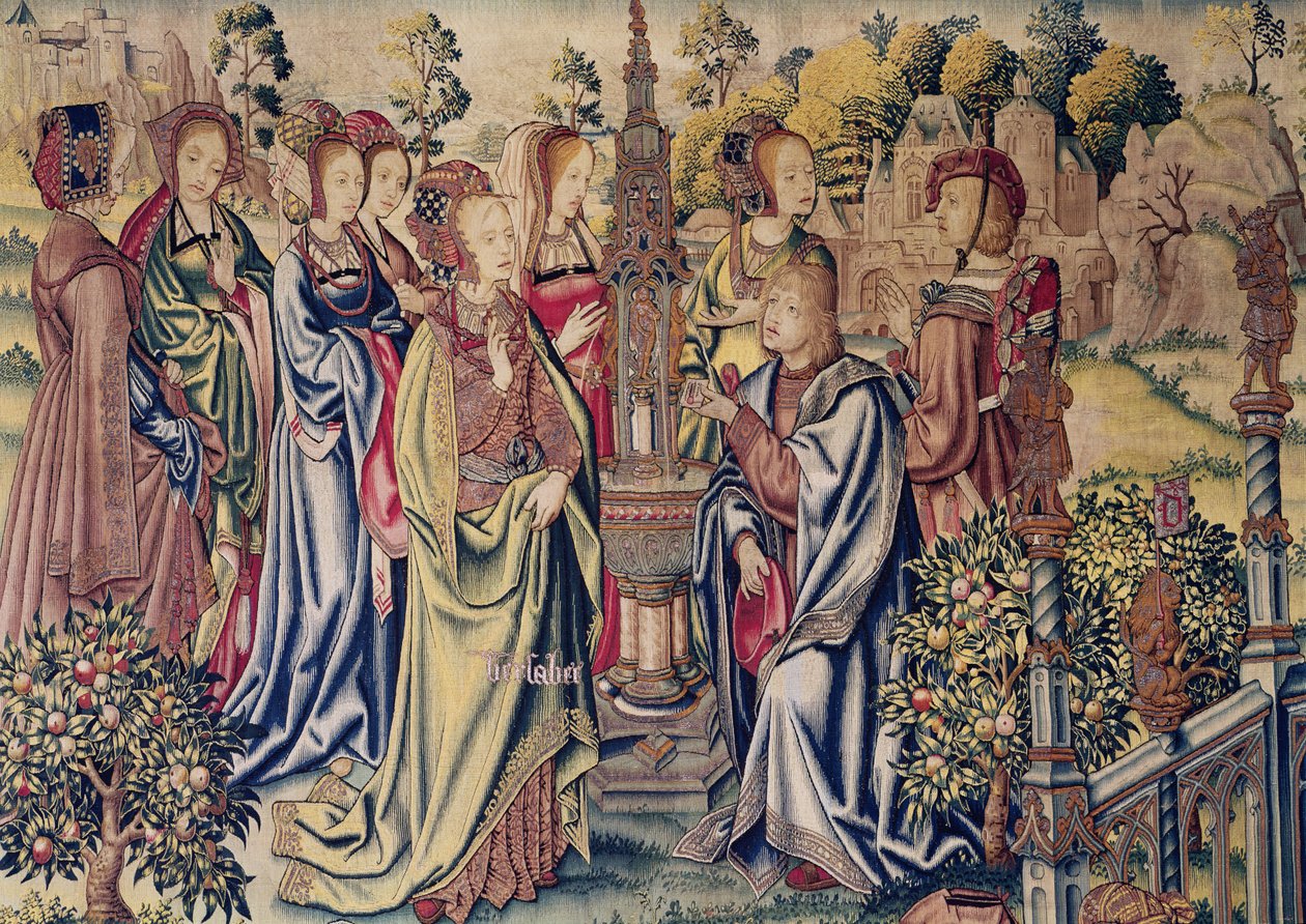 Batsheba přijímá dva posly od Davida u fontány, kolem roku 1510-15 od Flemish School