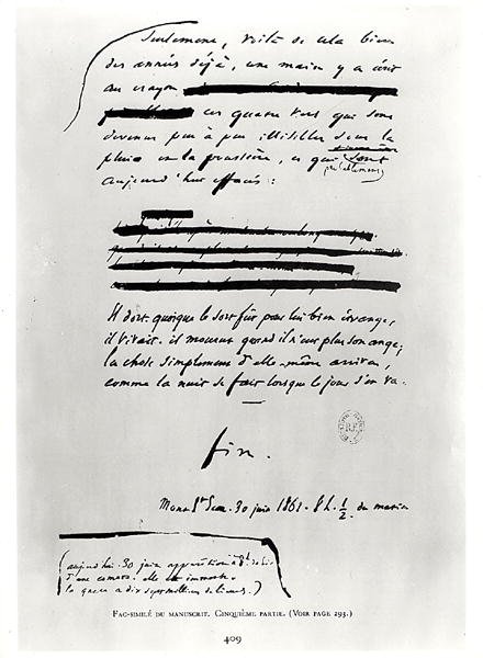 ... jako noc, když den plyne. (ploutev), faksimile poslední stránky rukopisu Les Miserables od Victora Huga (1802-85) 30. června 1862 (pero a inkoust na papíře) od French School