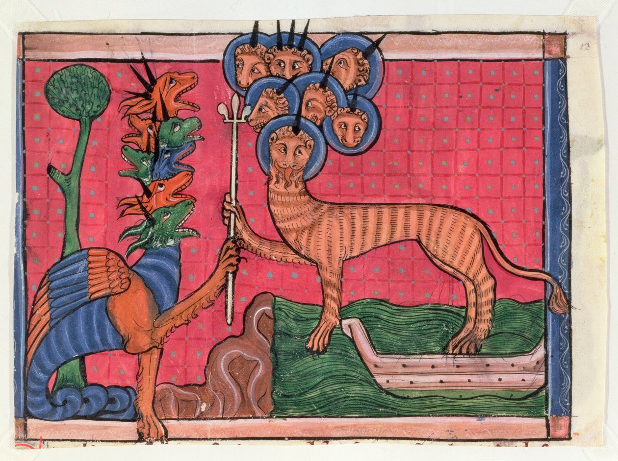 Apocalypse Miniatures: The Dragon Waging War and The Beast of the Sea, cca 1295 (tempera na pergamenu) od French School