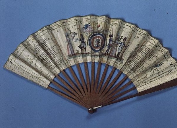 Vějíř s portrétem Gilberta Motiera (1757-1834) markýze de la Fayette (1757-1834) zarámovaný do červené, bílé a modré růžice, 1789 od French School