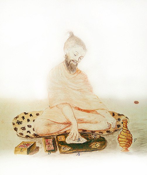 Indian Missionary Eating, 1688 (barevná rytina) od French School