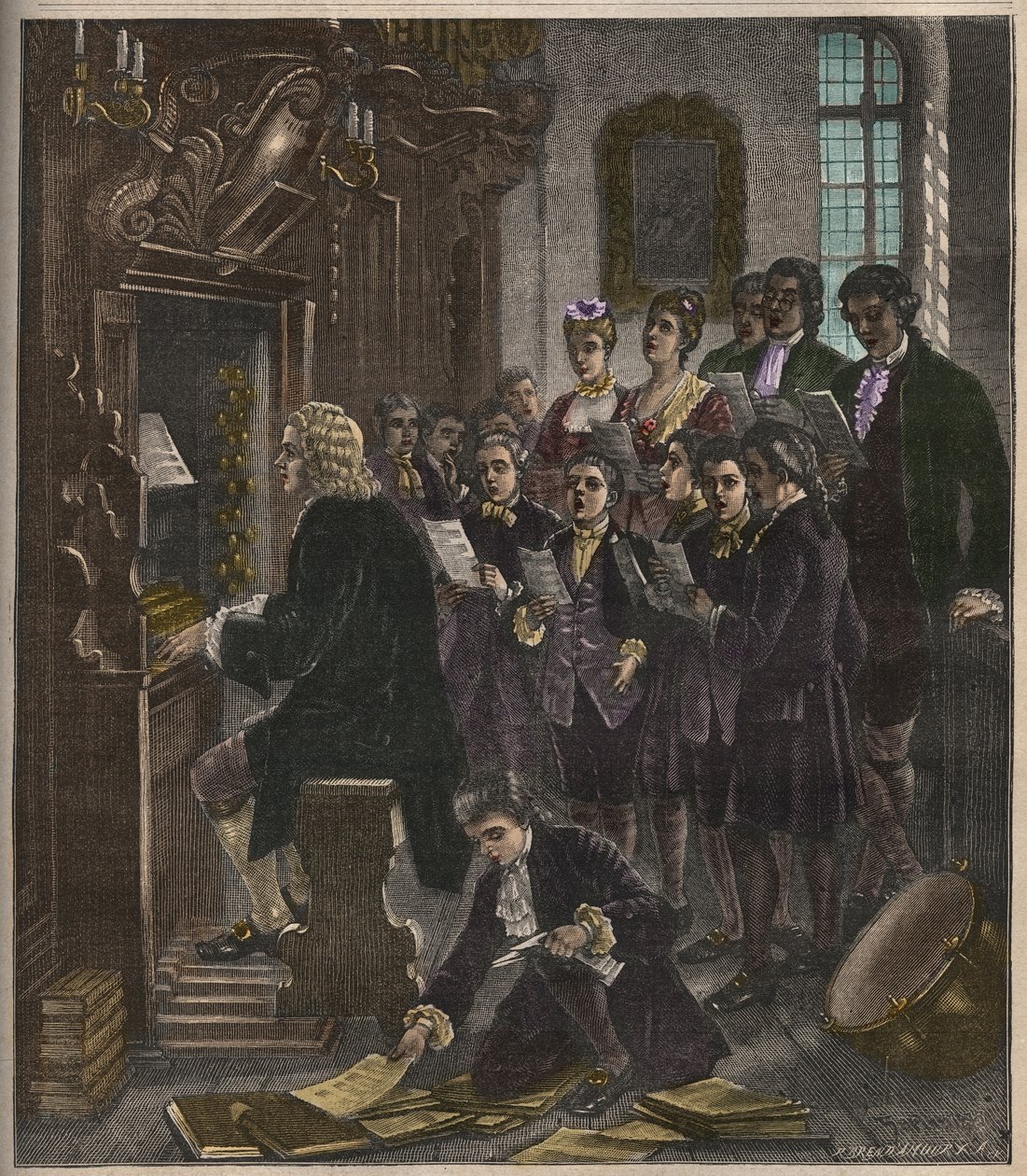 Johann Sebastian Bach hrající na varhany ve škole svatého Tomáše v Lipsku, ilustrace z La musique populaire, 1882 od French School