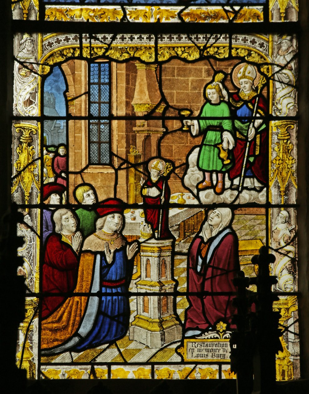 Okno zobrazující chlapce se zlatým pohárem a sochou sv. Mikuláše, kolem roku 1495 od French School