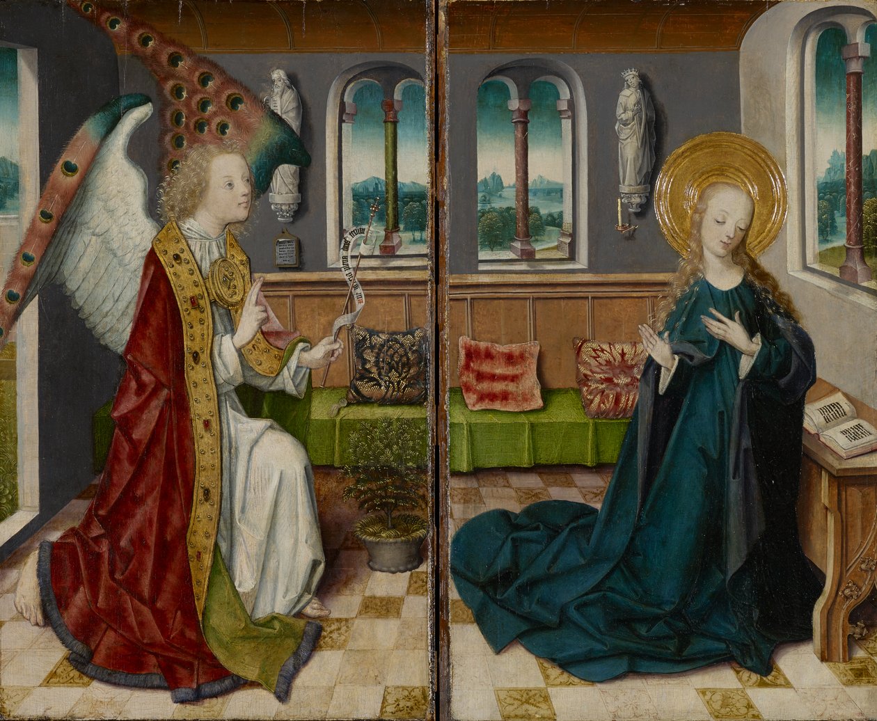 The Annunciation, 1490 (kombinovaná média na dřevo) od German School