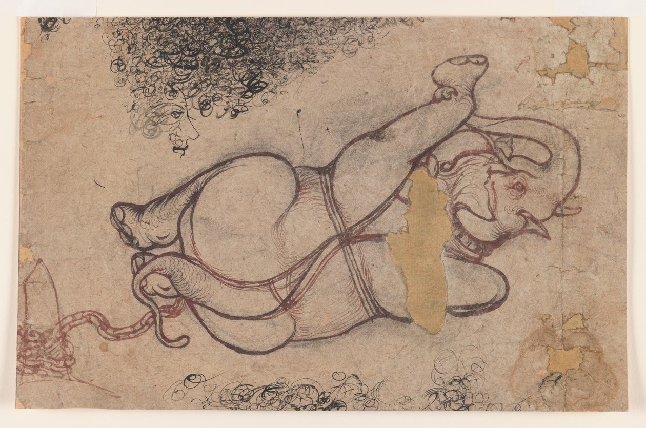 Slon v řetězech, cca 1780 (červený a černý na papíře) od Indian School
