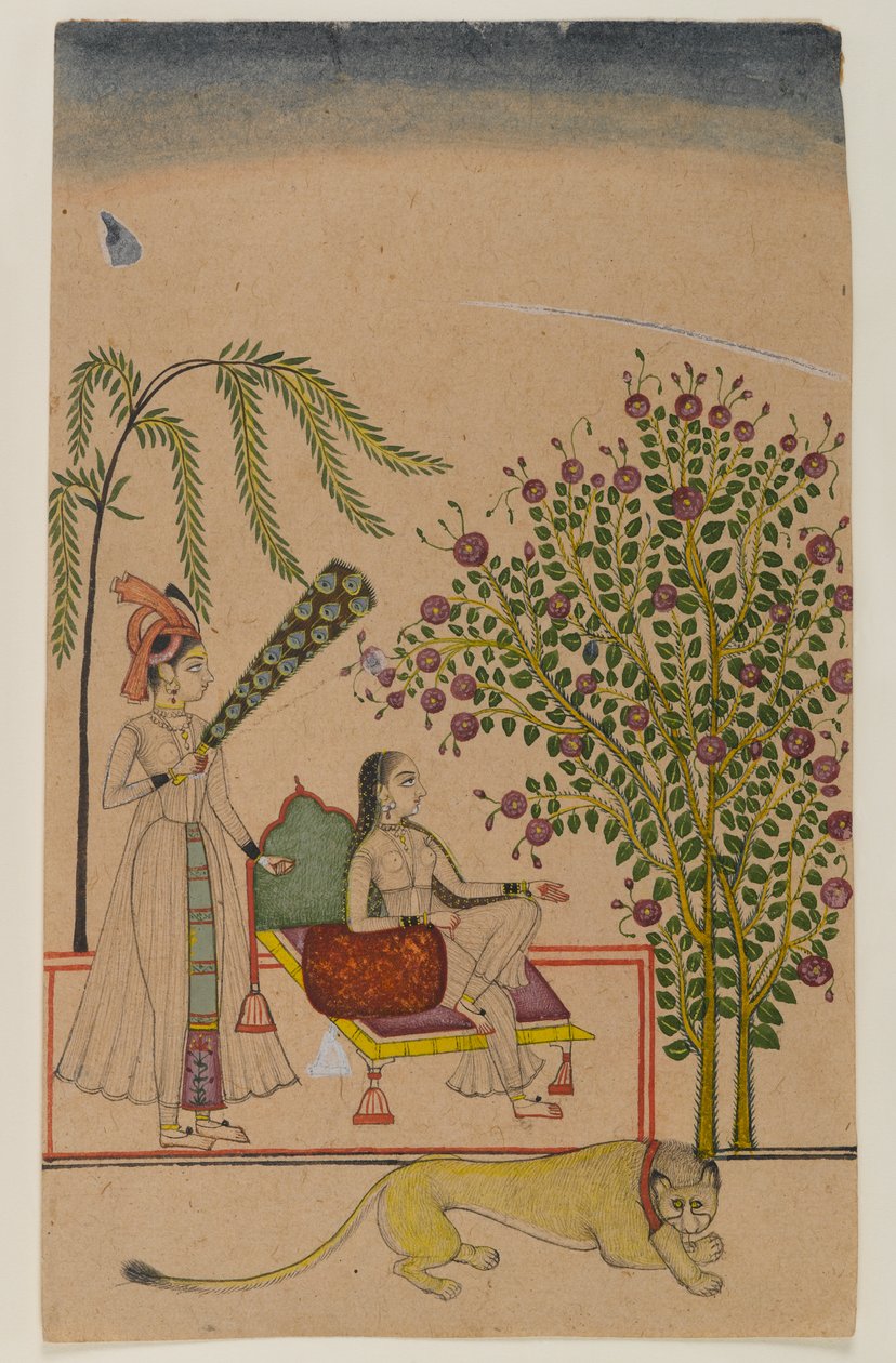 Sedící princezna s obsluhou a lvem, cca 1750 (neprůhledné wc na papíře) od Indian School