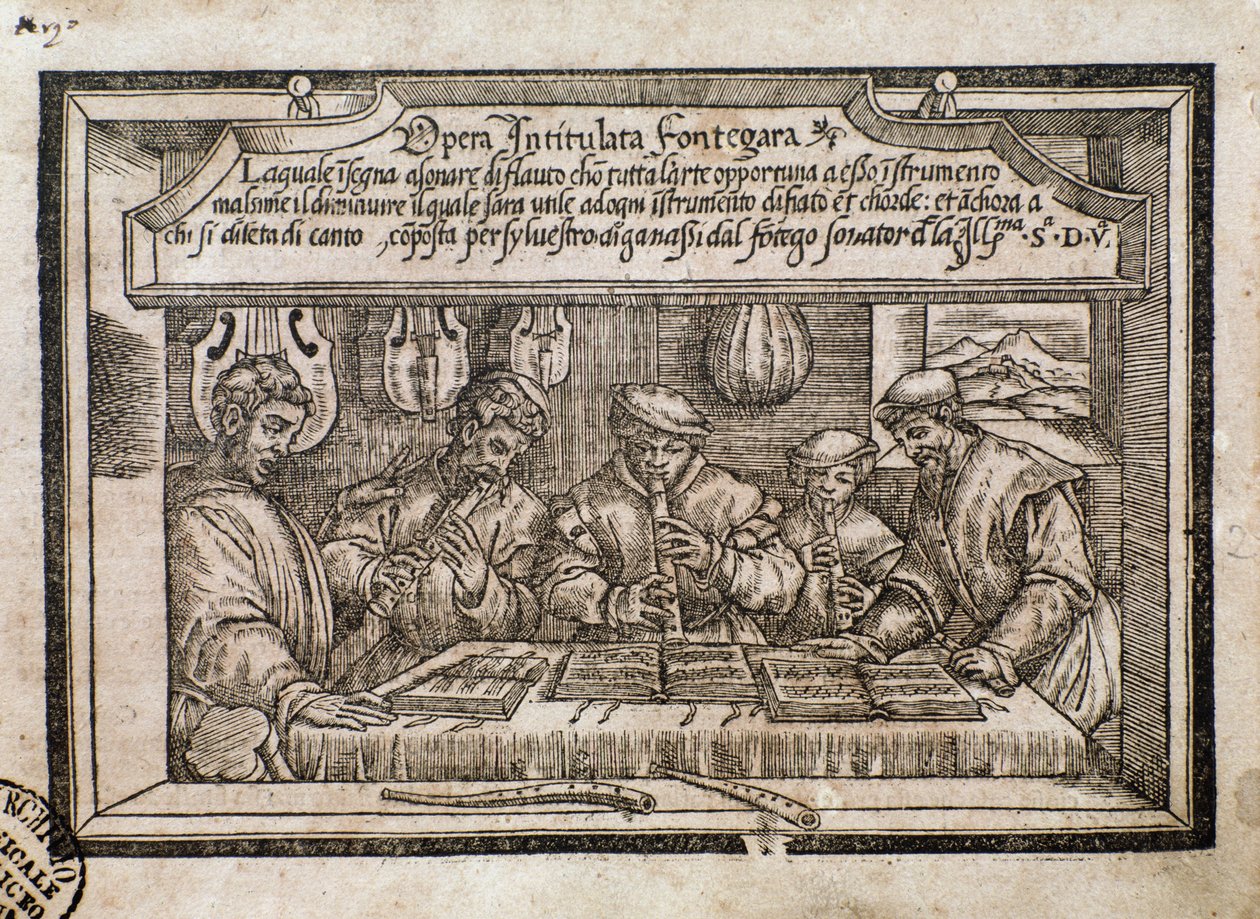 Frontispiece s Fontegarou v Opera intitulata Fontegara od benátského hudebníka Silvestra Ganassiho dal Fontego od Italian School