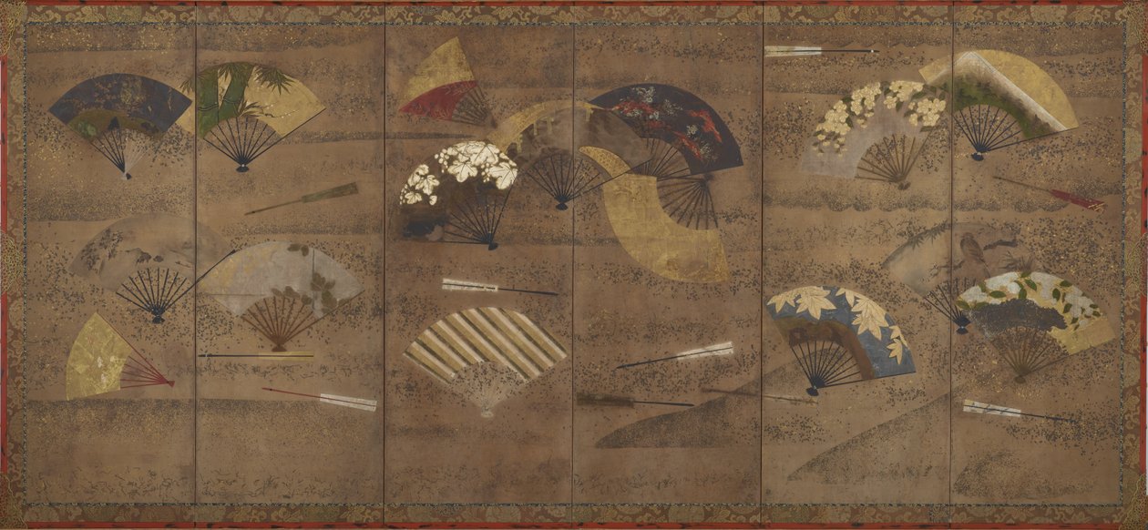 Zdobené vějíře, zástěny (šestipanelové), začátek 17. století (barva, inkoust a zlato na papíře) od Japanese School