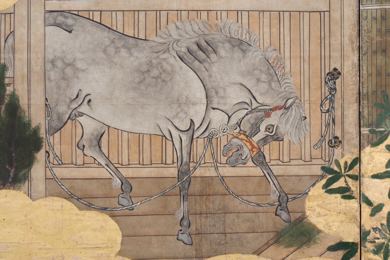 Detail jara v paláci, šestinásobná obrazovka z The Tale of Genji, cca 1650 (inkoust, barvy a zlato na papíře) od Japanese School