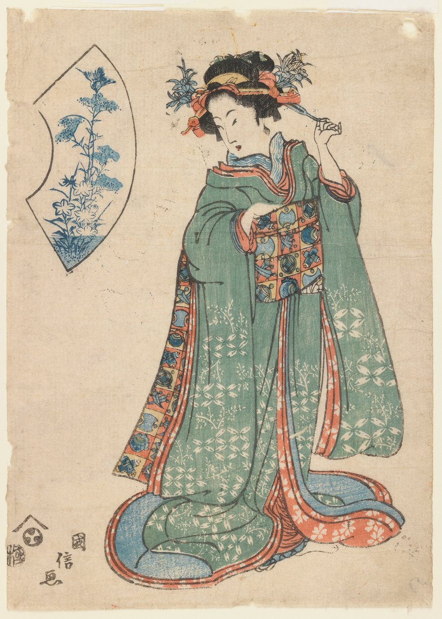 Kuninobu, Žena, která si upevňuje vlasy Ornament, kolem 1815-1820 (dřevotisk) od Japanese School