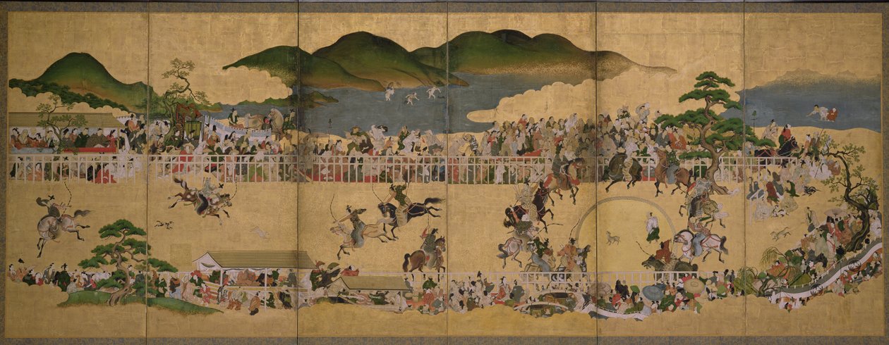 Šestinásobná obrazovka zobrazující soutěž v honbě za psem, japonština, 1624-43 (inkoust, barva a zlato na papíře) od Japanese School