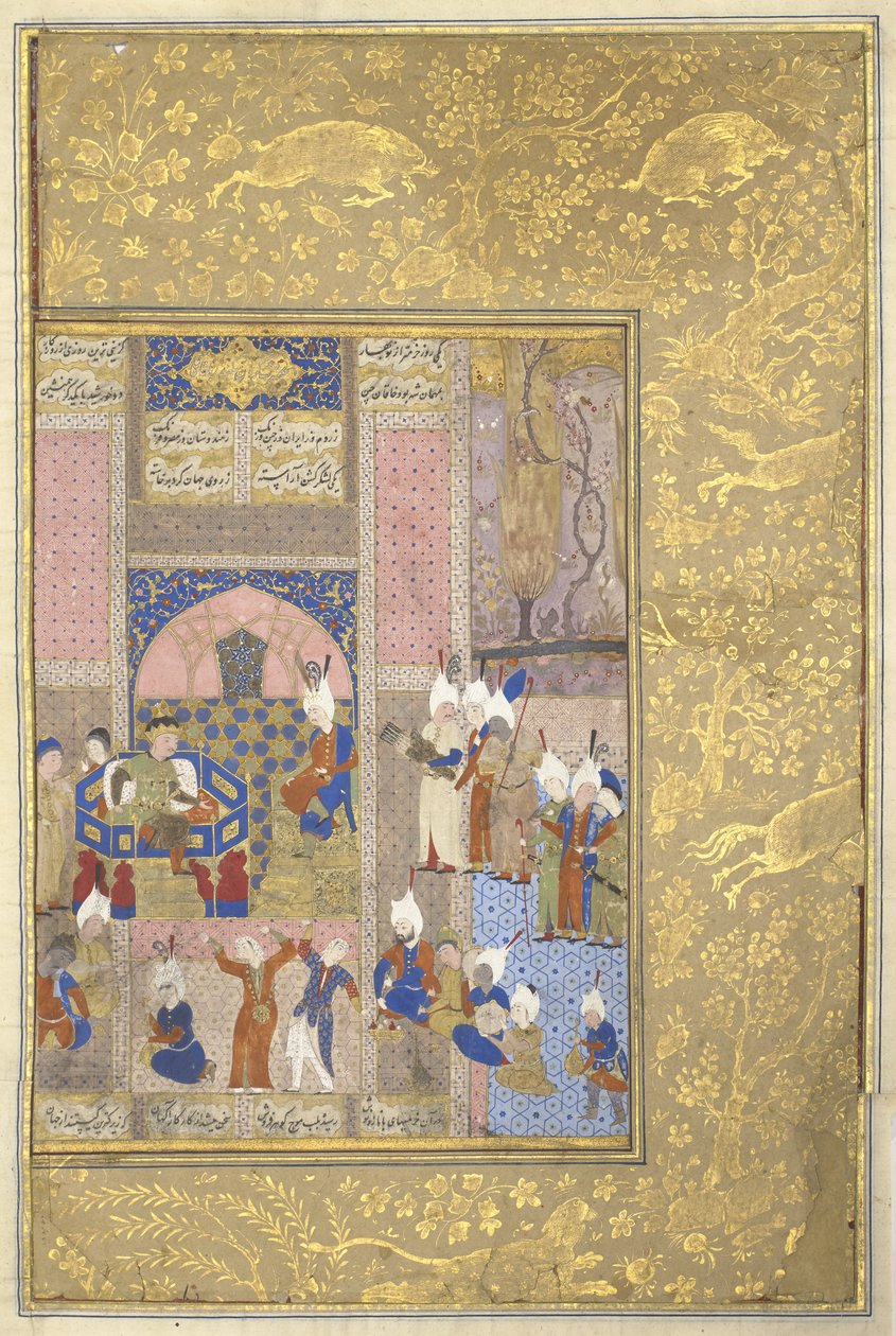 Alexander hodující s císařem Číny, kolem 1525-50 (inkoust, wc a zlato na pergamenu) od Persian School