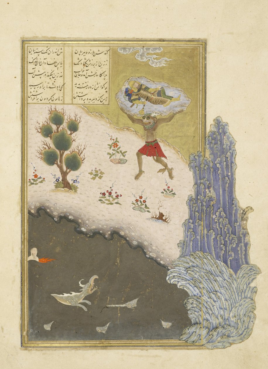 Peršan 239 fol.165b Div Akvan zvedá spícího Rustama, ilustrace z Shahnamy (Kniha králů), od Abul-Qasima Mansur Firdawsiho (c.934-c.1020), 1444 od Persian School