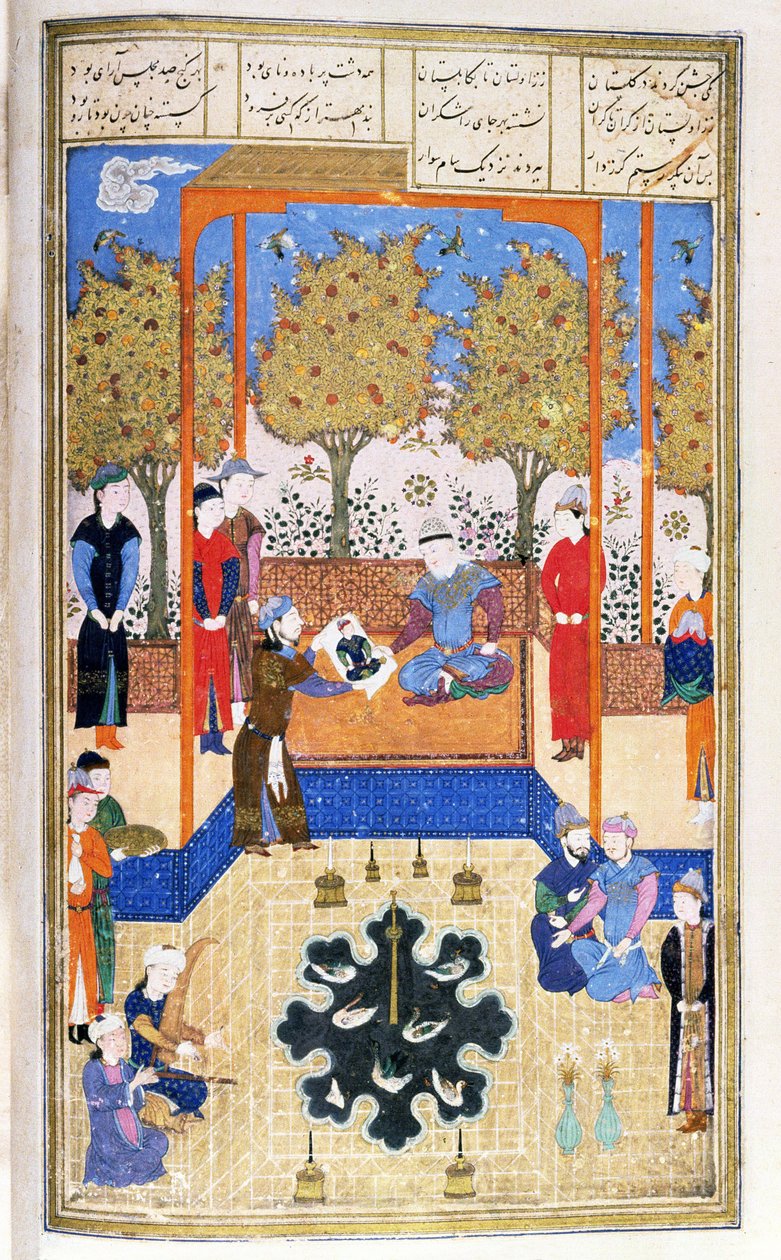 Portrét dítěte, Rustam zobrazený svému dědovi Samovi, ilustrace z Shahnamy (Kniha králů), od Abul-Qasima Manura Firdawsiho (cca 934-c.1020) cca 1440-45 (pero, inkoust a zlato na pergamenu ) od Persian School