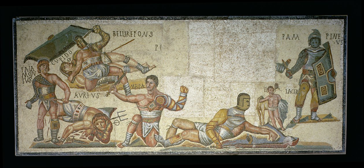 Bitva mezi gladiátory, 320 n. l. (mozaika) od Roman