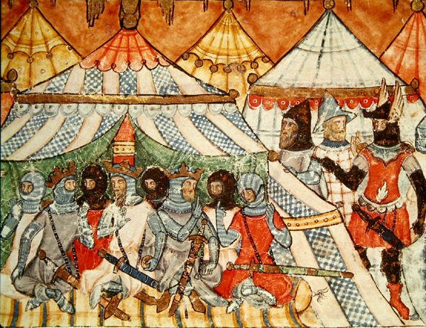 Fol.115r Calchas přesvědčující Řeky, aby nepochodovali na Tróju, z Codexu Benito Santa Mora od Spanish School