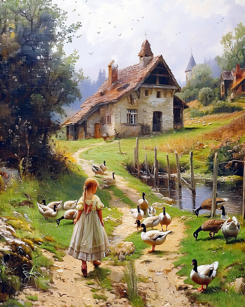 Dívka a drůbež ve staré evropské krajině Berkshire Homestead stylu uměleckých výtisků od F. Abderrahim
