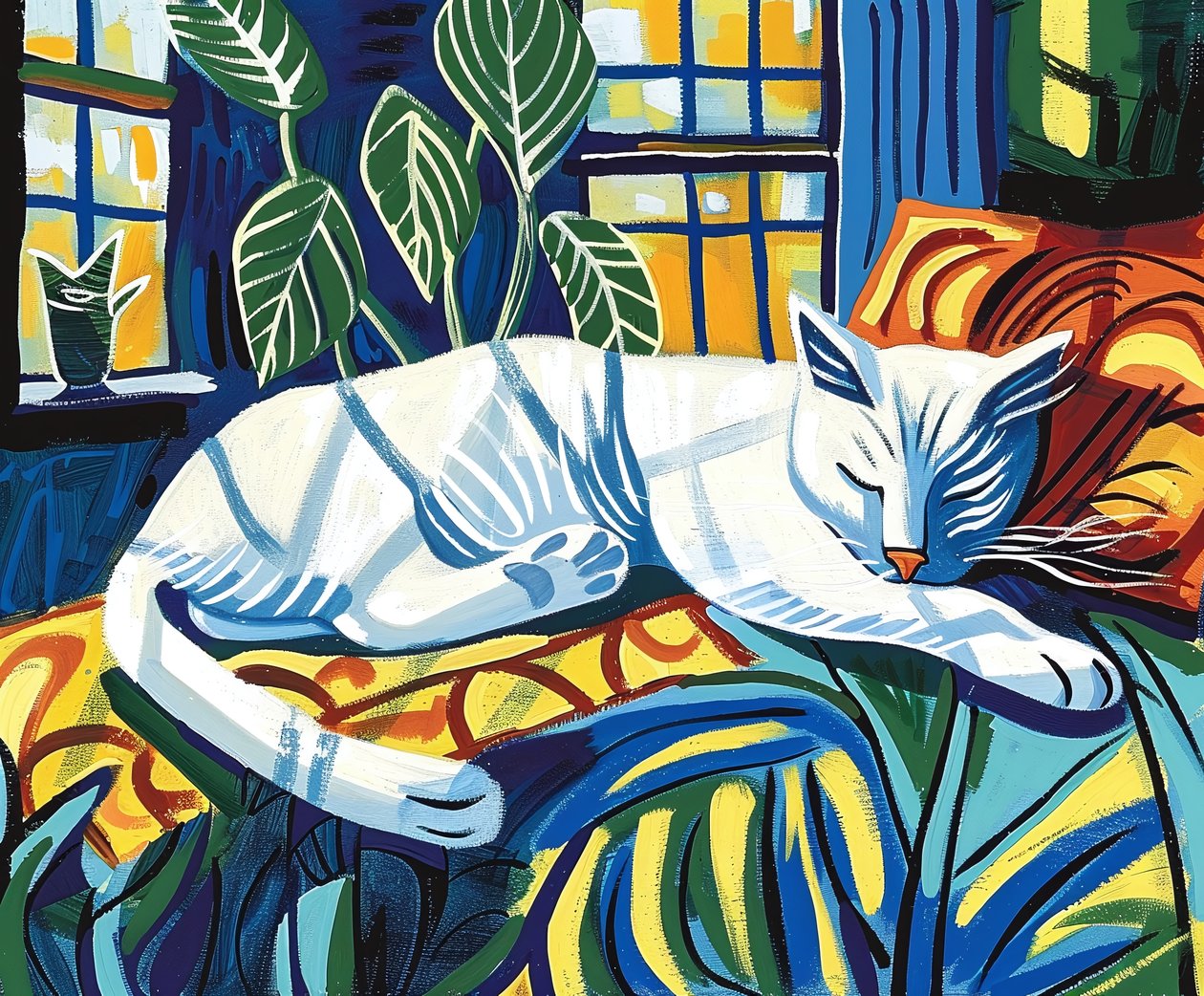 Bílá kočka spící ve slunečním světle Matisse | výzdoba stěn, umělecké výtisky od F. Abderrahim