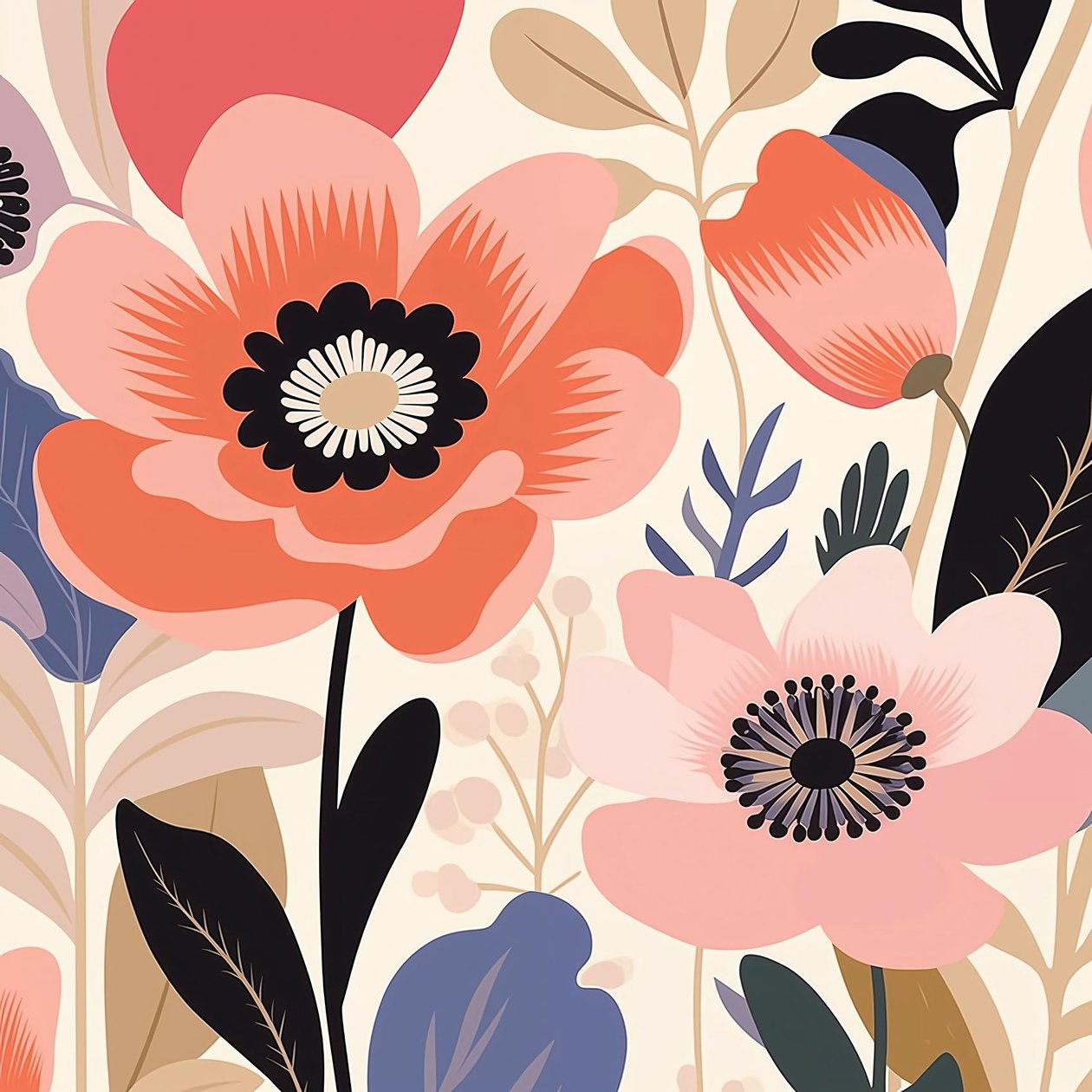 Botanická ilustrace pastelové odvážné květiny, matisse styl | Nástěnné umělecké výtisky od F. Abderrahim
