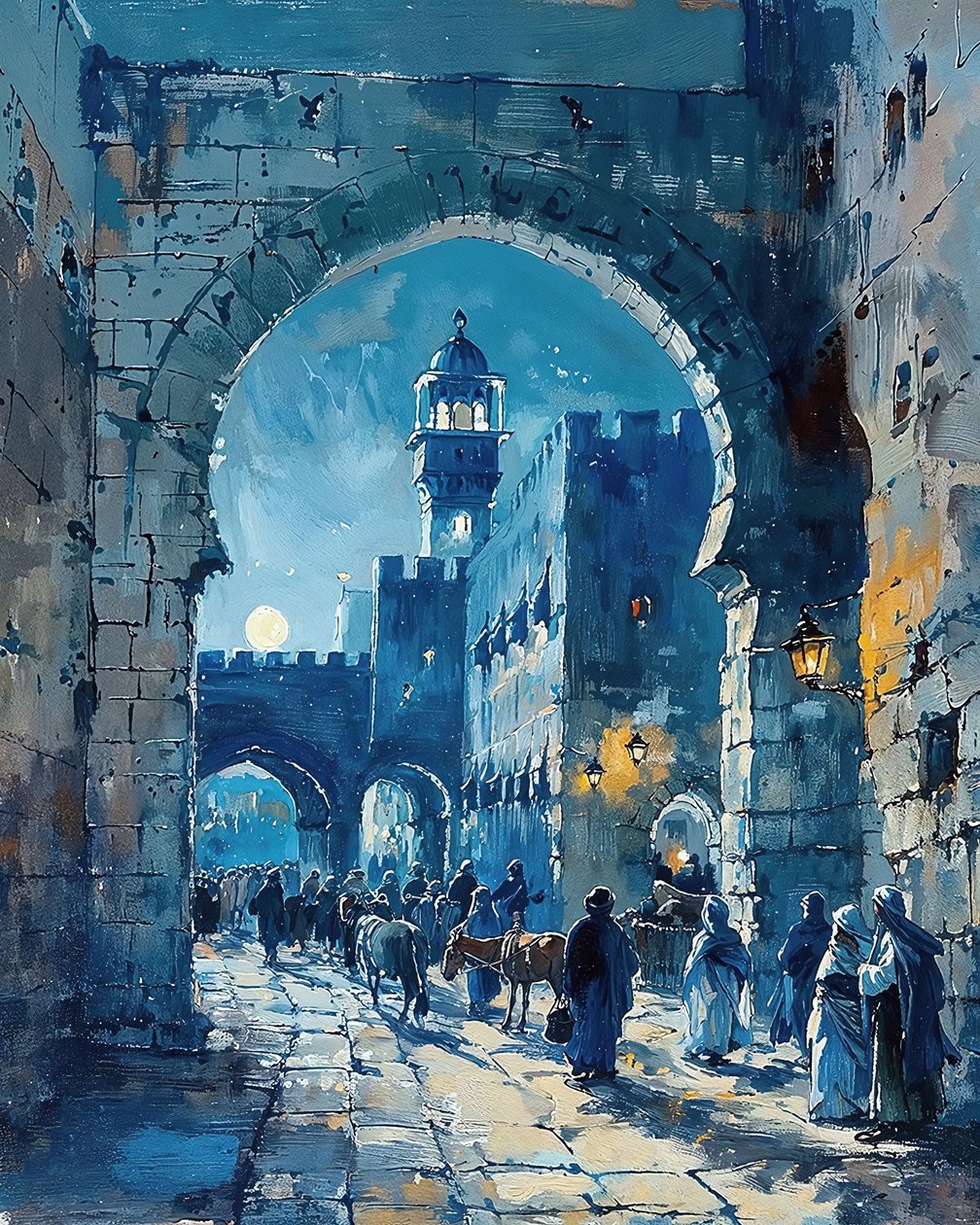 Arabská městská brána a středověký trh, Damašek výtisky na plátně od F. Abderrahim