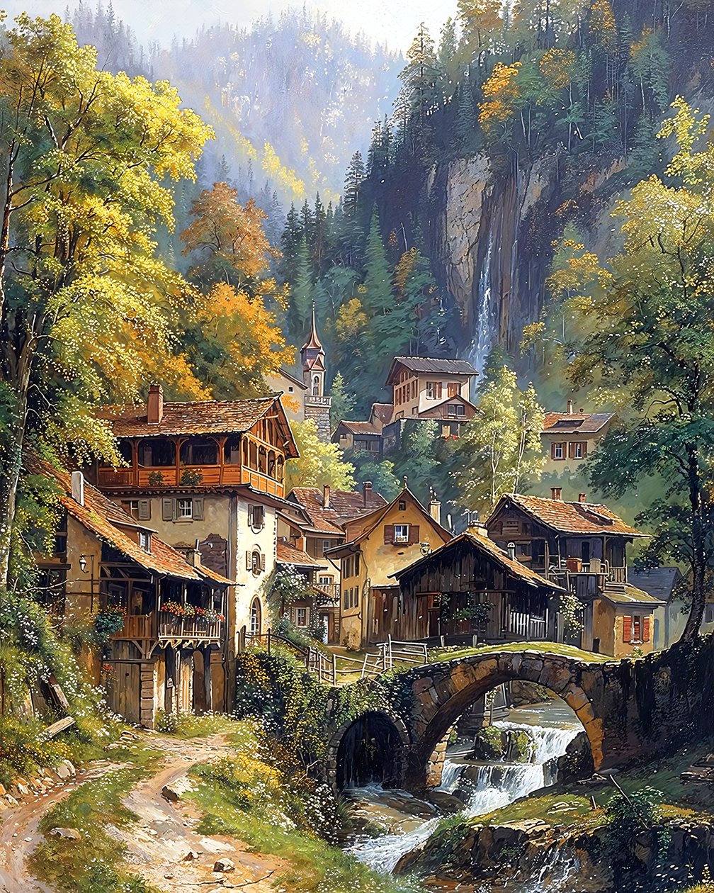 Středověká vesnice a kamenný oblouk mezi horami od F. Abderrahim