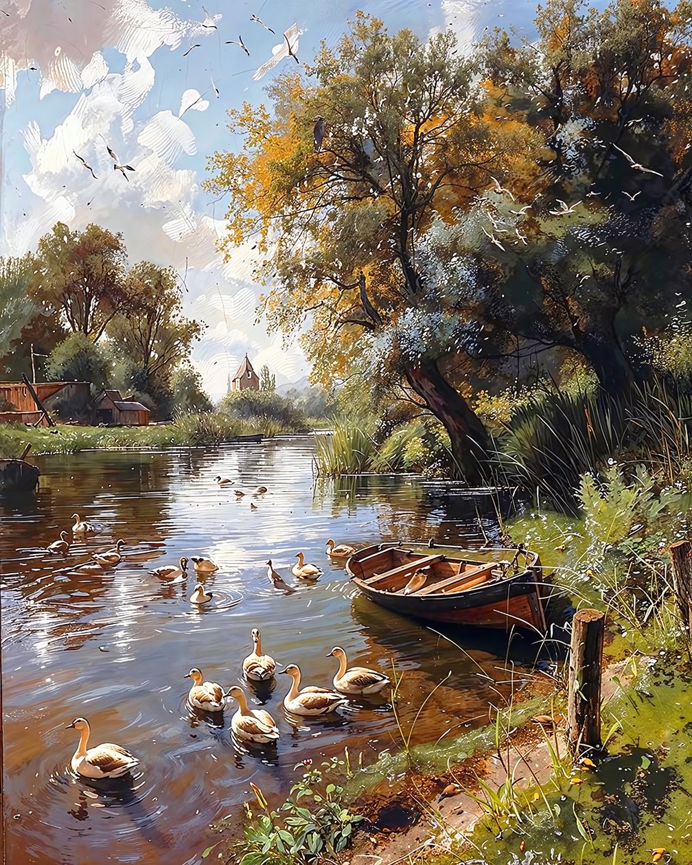 Klidné jezero, ptáci a dřevěná loď, dekorace na zeď do ložnice od F. Abderrahim