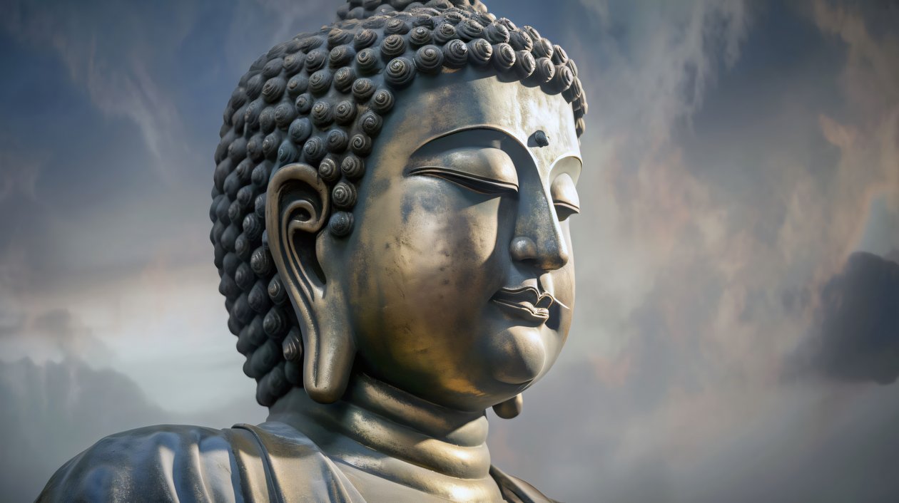 Portrét Buddhy sedícího v klidné meditaci, zarámovaný tisk na plátno na vyžádání od F. Abderrahim
