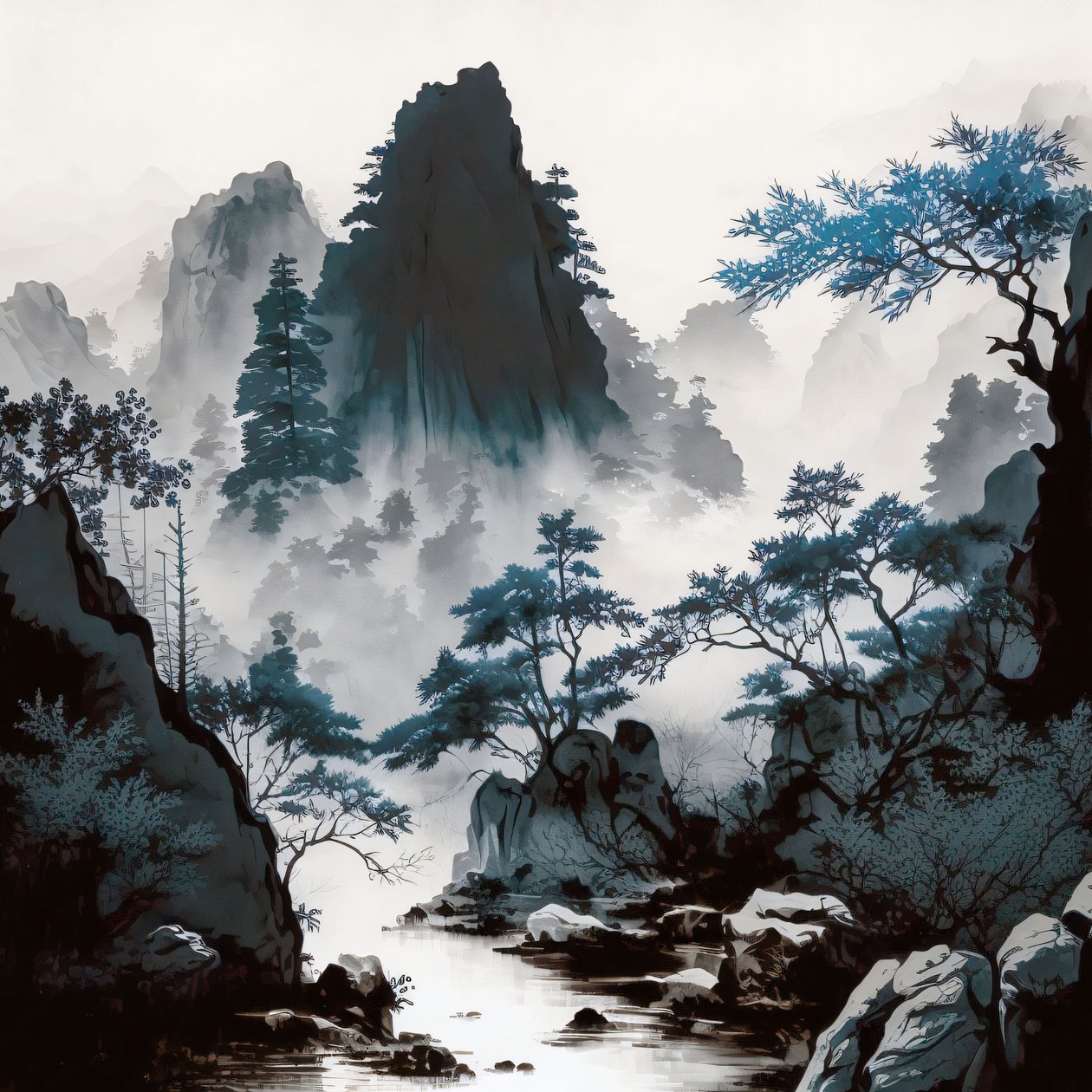 Cyanotypie Mountain River Mist ve stylu Shan Shui, zarámované výtisky na zeď od F. Abderrahim