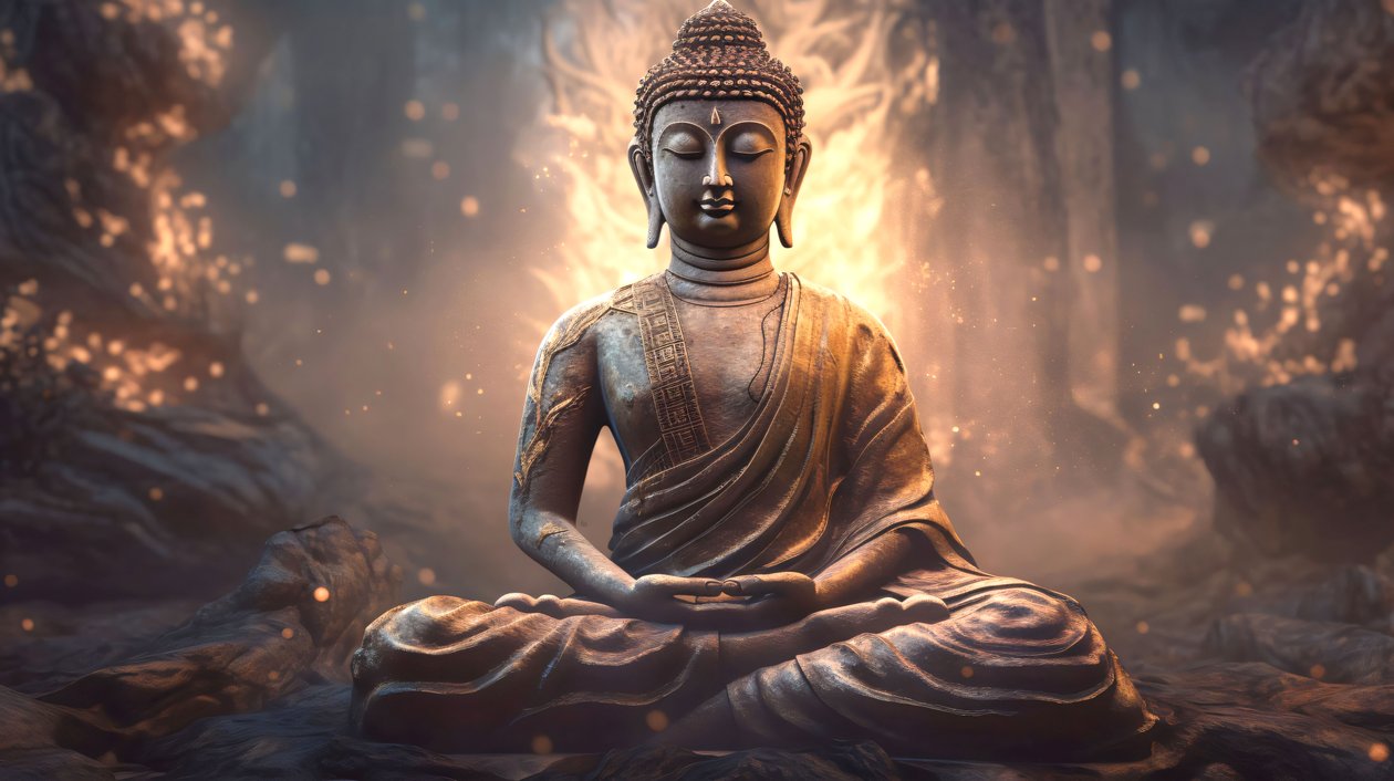 Realistický portrét Buddhy vsedě, klidná meditace, duchovní domácí dekorace na zeď od F. Abderrahim
