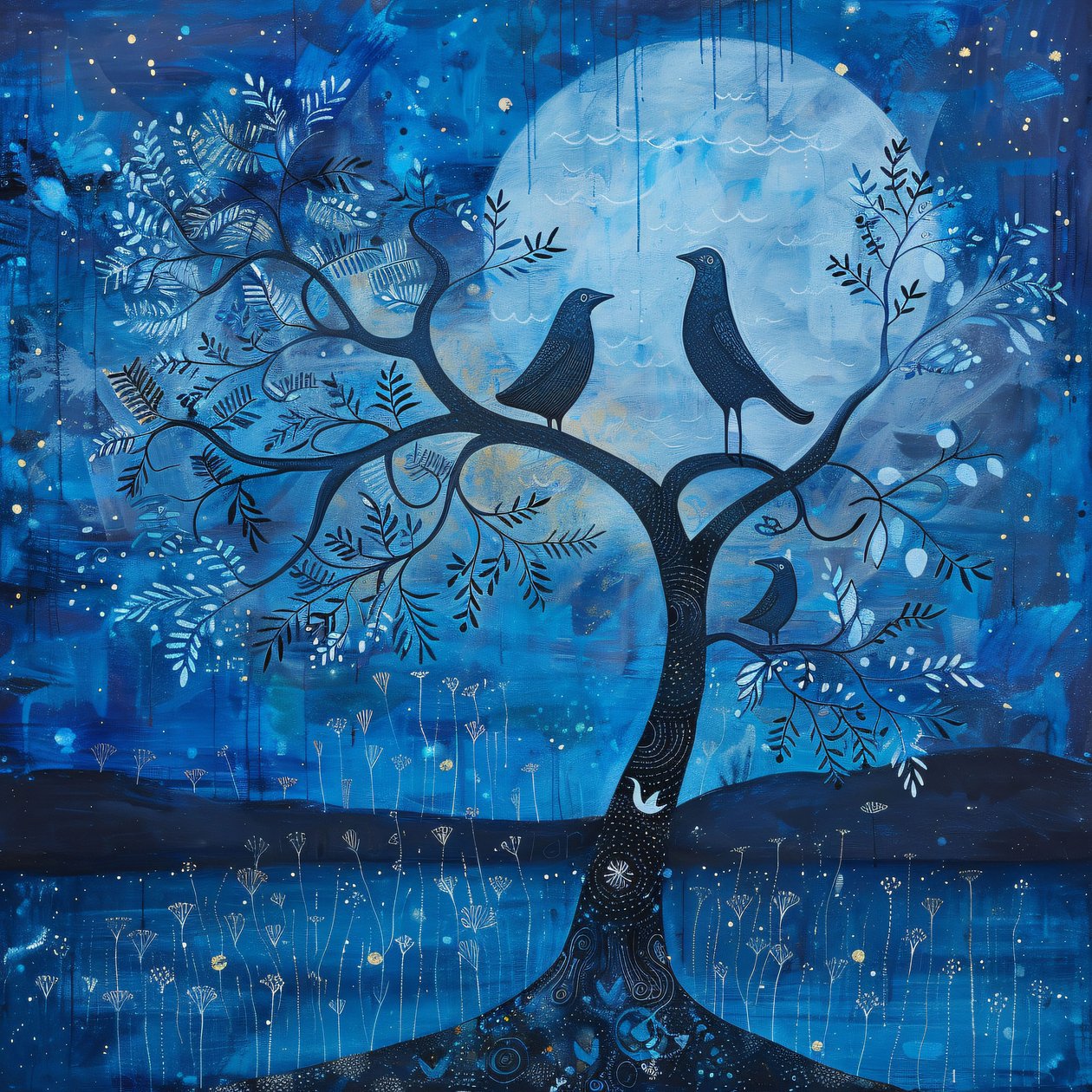 Blue Moon  bird, Starry Night Magic, Moderní dekorace na zeď | tisk na vyžádání od F. Abderrahim