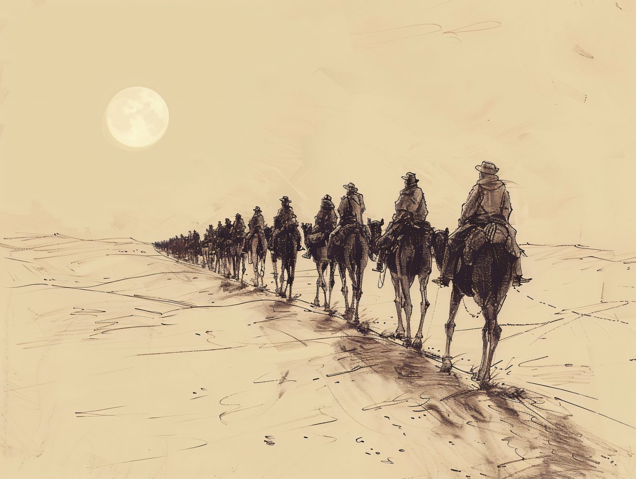 Desert Sun Procession Minimalist Single-Line Sketch, Nástěnná dekorace na prodej od F. Abderrahim