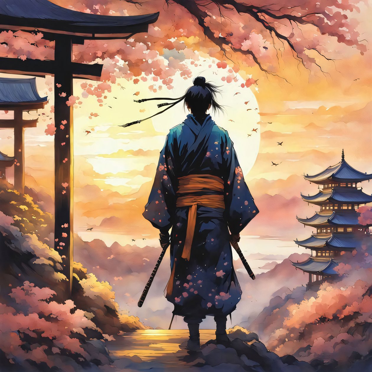 Japonský samuraj, v chrámu na hoře, růžové barvy, Vlastní tisk na plátně od F. Abderrahim