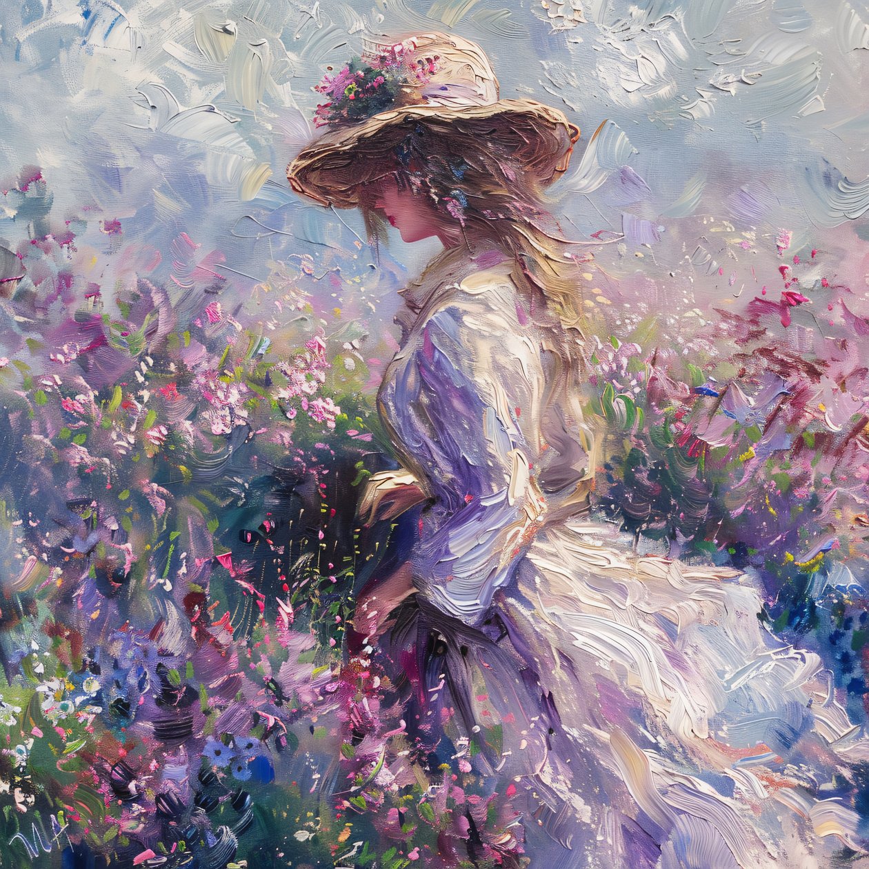 Dáma v šatech v přírodě, Povznášející vůně života, Monet Style, online umělecké výtisky od F. Abderrahim