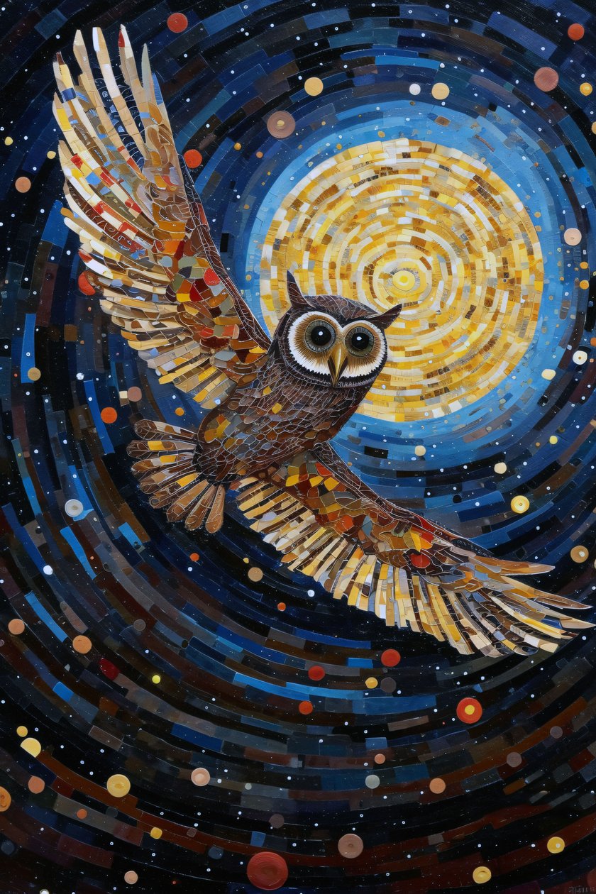 The Owl Flying Through the Starry Night Sky, online tisk na plátně na zakázku od F. Abderrahim