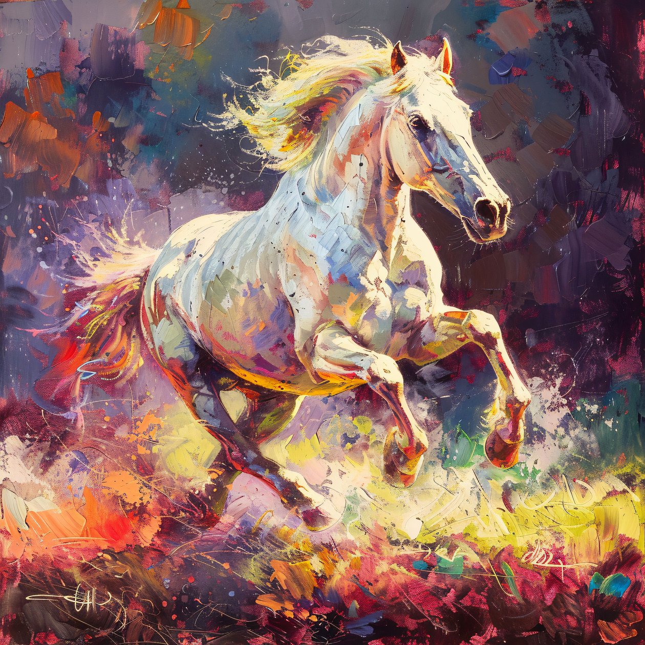 Vibrant Rendering of a White Stallion Galloping, výtisky na zeď na vyžádání od F. Abderrahim
