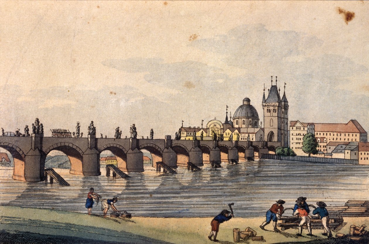 Pohled na Karlův most z Kampy, Praha, kolem roku 1810 (barevný lept) od A. and Berka, Johann Gustav