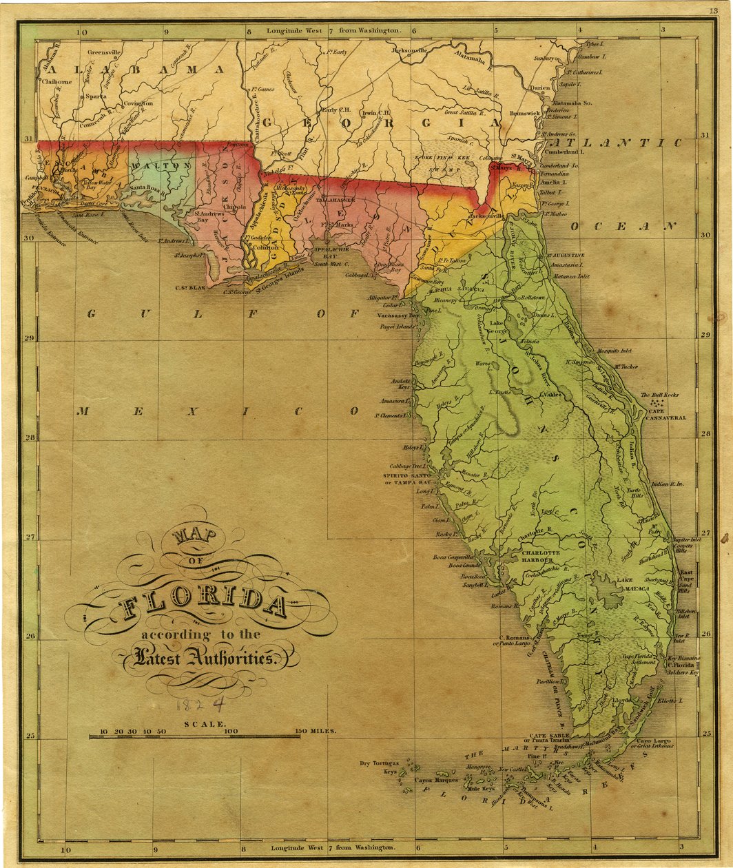 Mapa Floridy, 1826 od A. Finley