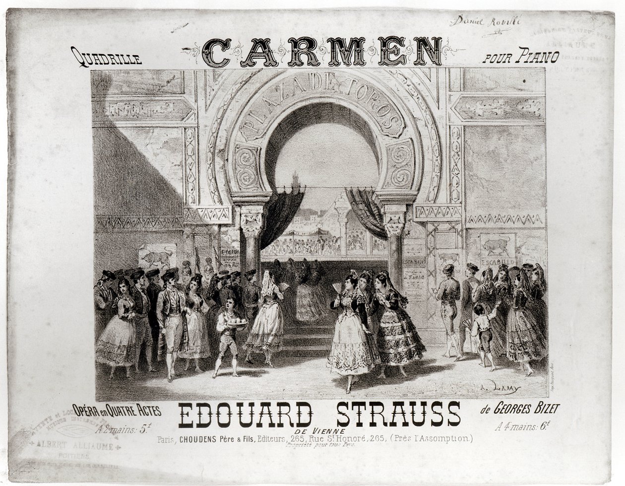 Obálka partitury klavírní čtverylky z opery "Carmen" od Edouarda Strausse (1835-1916), kterou napsal Georges Bizet (1838-75) (1835-1916). od A. Lamy